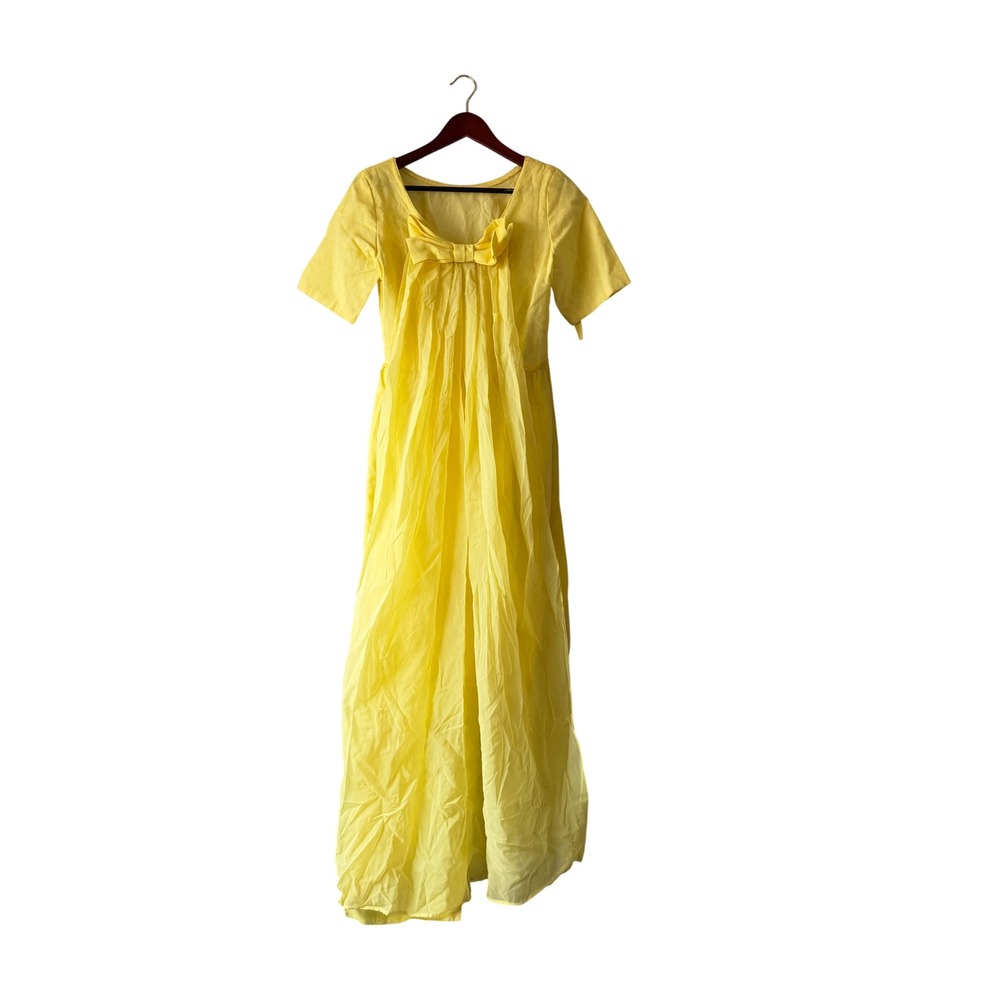 Vintage 60s Yellow Chiffon Maxi Dress Cape Back Bow Empire Waist Floral Damask - Picture 2 of 8